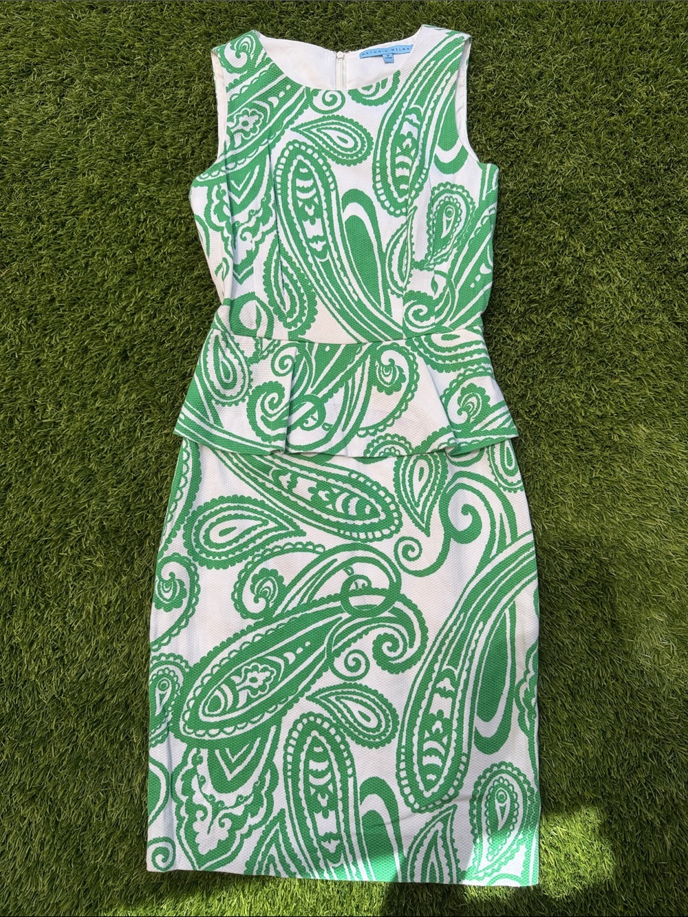 ANTONIO MELANI White and Green Paisley Peplum Midi Dress